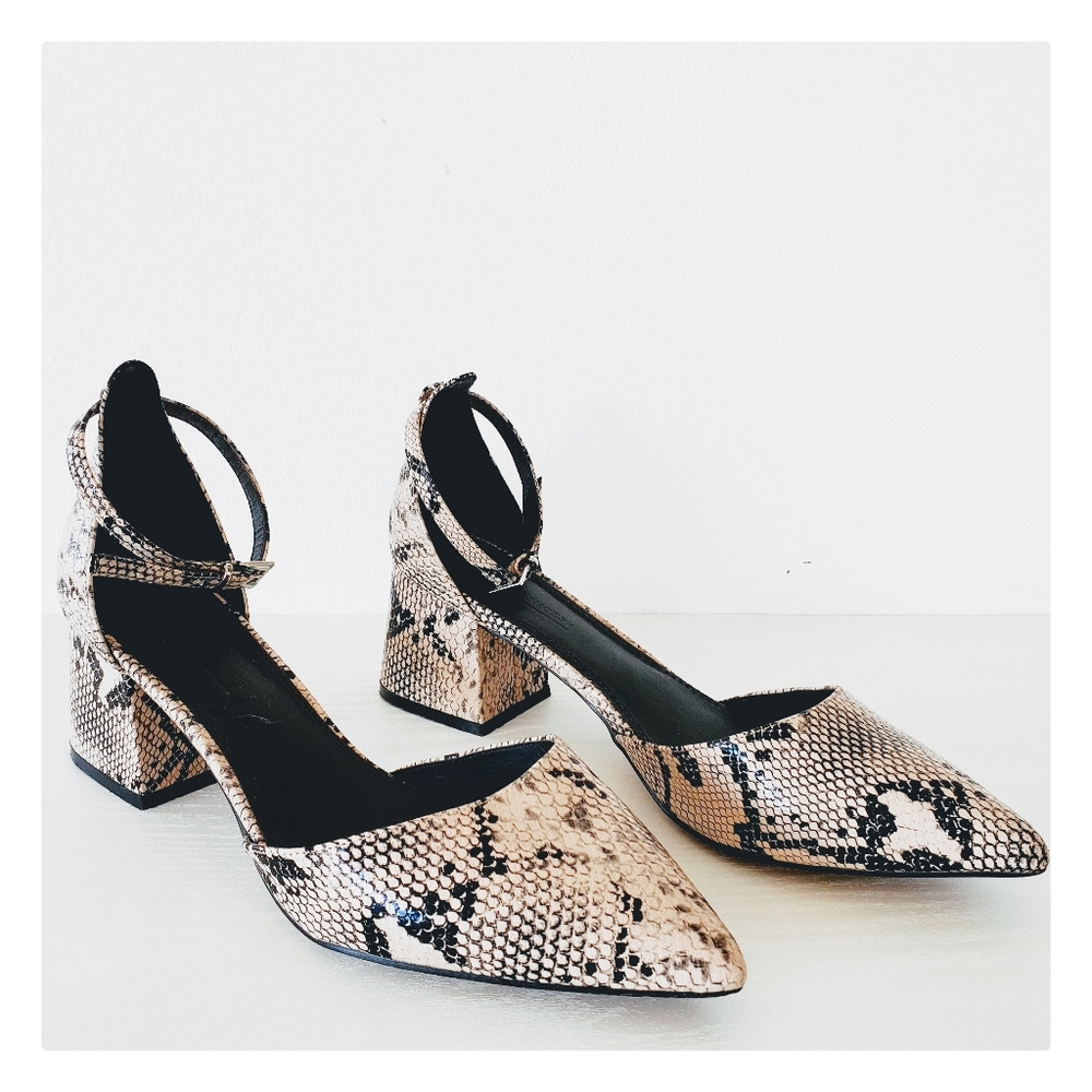 Asos | Snake Print Pointy Toe Low Block Heels - image 1